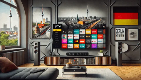 Nahaufnahme einer Fernbedienung, die auf einen Fernseher mit IPTV-Auswahl gerichtet ist