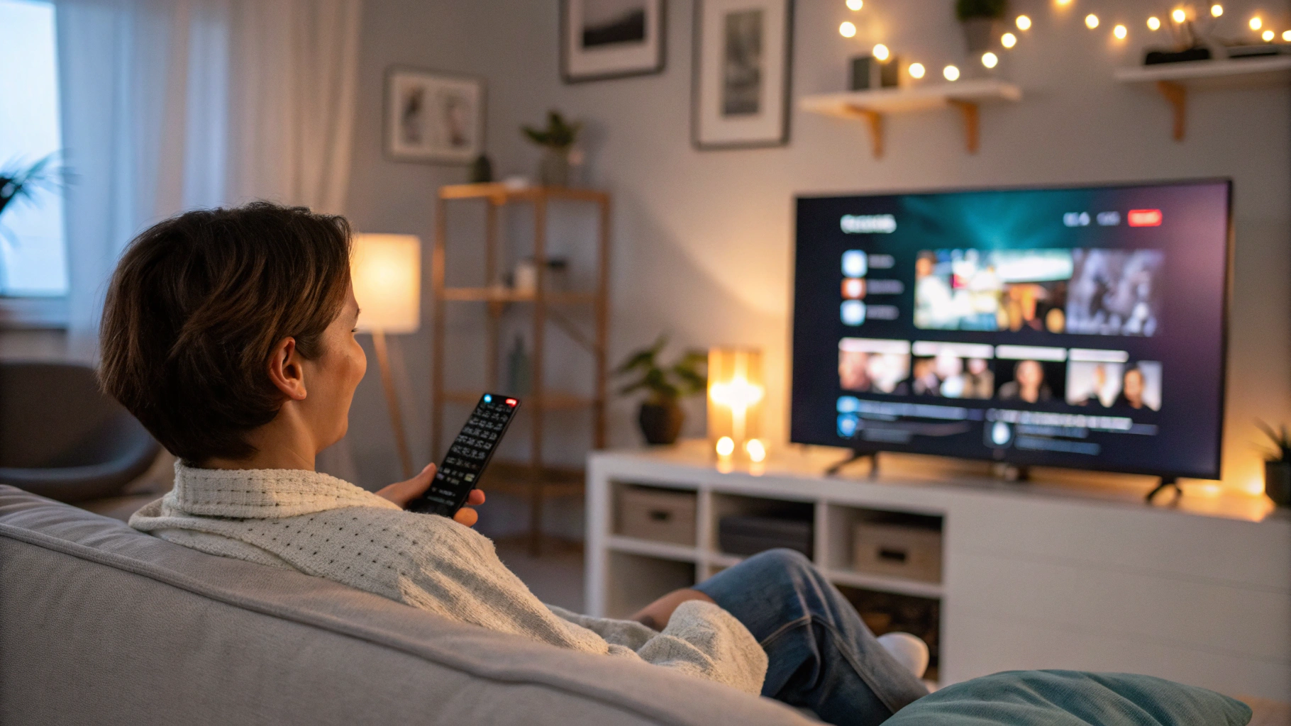 Frau schaut auf einem modernen Fernseher IPTV